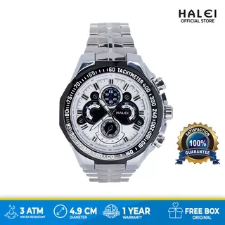 Halei Original Jam Tangan Pria Garansi 1 Tahun Silver Stainless Steel 3040M Fashion Sport