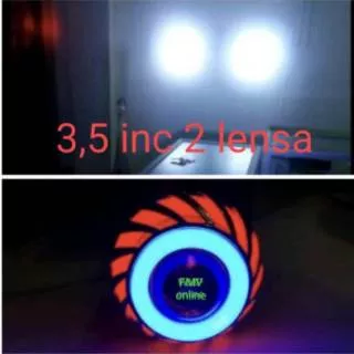 Lampu depan utama Projie led kipas dan kotak running 2 lensa ae merah biru de merah bisa kedap kedip