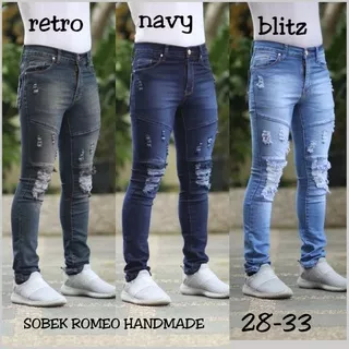 Celana Distro RETRO Celana Jeans Street BIKER SOBEK HANMADE ROMEO Celan pria Jeans Premium