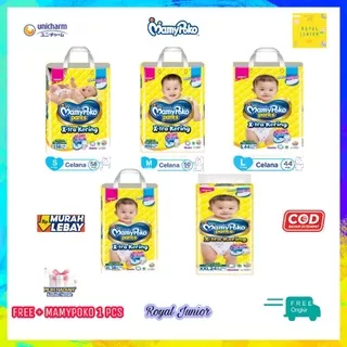 MamyPoko Pants X-tra Kering Popok Celana ukuran L44/M50/S58/XL38/XXL28 + Free Mamypoko Renceng 1 pcs