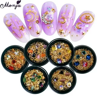 Monja 6 Style Nail Art Rhinestone Sequins Decorative Flower Shell Geometric Pattern Hollow Metal Rivets Manicure Accessories