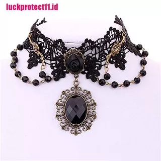 ?LUCK?Fashion Lolita Gothic Black Rose Flower Lace Choker Collar Necklace Beads Chain