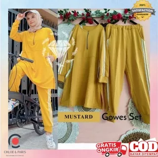 Chloe & Paris - Setelan Wanita Olahraga Muslimah Warna KUNING/MUSTARD S/M/L/XL/XXL/XXXL Panjang Baju Senam Muslimah Setelan One Set Fashion Senam Terbaru Murah