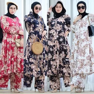 Hijab Sisters Sheila One Set Jumbo Rayon Motif Abstrak / Setelan Muslim Wanita LD 125 / Stelan Long Tunik Busui