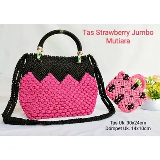 Tas Tali Kur Jumbo / Tas Handmade Tali Kur / Tas Tali Kur Motif Anggur / Tas Macrame HP / Tas Tas Talikur Motif Strawberry Mutiara set Dompet Rajut / Tas Talikur Jumbo / Tas Rajut Tali kur besar