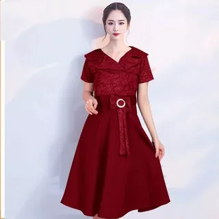 Dress Brukat Wanita Pesta Natal Style Korea Trandy Terbaru 2021 Dress v Yuna Kekinian Mewah Elegan Ukuran L