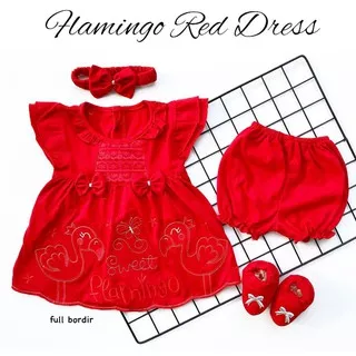 FLOWER / FLAMINGO red dress babeebabyshop baju Setelan Celana Bandana Sepatu merah bayi kado lahiran giftset 1 bulan one month Lucu Terlaris Murah