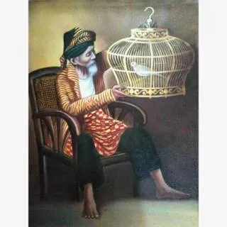 Lukisan Kakek dan Burung Perkutut 60 x 80 cm