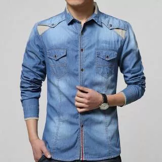 SBD- Atasan AXTON Jeans Wash Kemeja pria lengan panjang bahan JEANS  WASH ORI. Ld104 pb70slim