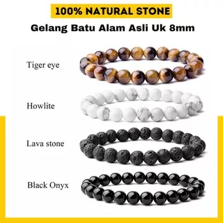 Gelang Batu Alam Kalimantan Asli Pria Wanita 8mm Natural Stone Bracelet Tiger Eye Giok Pirus Lava