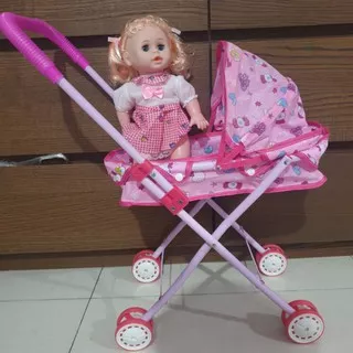 mainan stroller boneka / stoller bayi mainan bahan BESI dengan tudung kereta dorong mainan