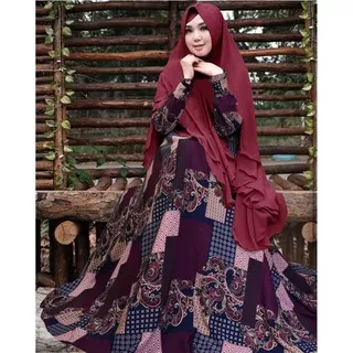 BISA COD - Gamis Monalisa Busui Free Bross - Syari New Batik Risanaya Maroon Plus Hijab