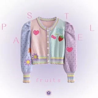 [READY STOCK] PASTEL FRUITS CARDIGAN kardigan korea rajut crop lucu wanita patch embroidery motif buah hati bunga heart love cherry strawberry bordir