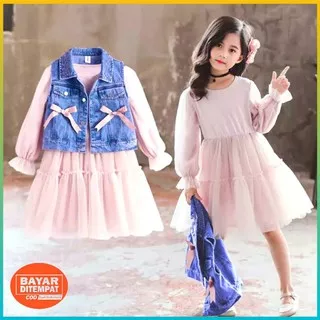 Baju Anak Perempuan Pakaian Wanita Dress Denim Trada Set Kid All Size Usia 4 5 6 Tahun Kekinian