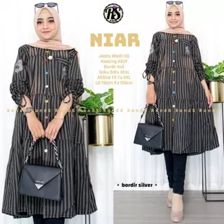 Niar Tunik Jumbo Jeans ld 110 Long Tunic Lengan Serut Motif Stripe Garis Garis Salur by Rands