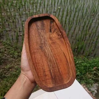 Piring/nampan/tatakan kayu jati utuh tanpa sambungan panjang 22 cm