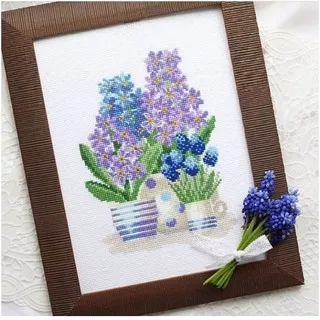 paket kristik pola kain bunga lavender ungu purple cross stitch