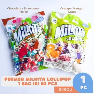 Milkita Lolipop Candy Assorted Refil Isi 50 Permen Lollipop 3 Rasa Chocolate Strawberry Melon Orange