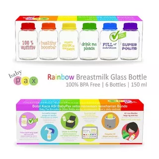 Baby Pax Botol Asi Kaca Rainbow 150 ml Isi 6 / Wadah Asi / Penampung Asi / Tempat Penyimpanan ASi
