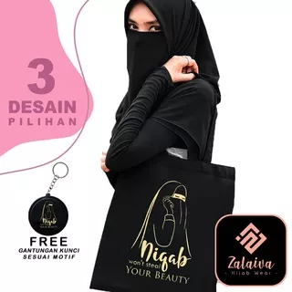 Tote Bag Muslimah Tas Totebag Resleting dan Perekat Semi Canvas Motif Niqab Cadar Hijrah Tauhid Islami Muslim