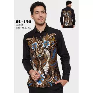 KEMEJA BATIK SLIMFIT PRIA MODERN WARNA HITAM MOTIF BUNGA LENGAN PANJANG OL 136