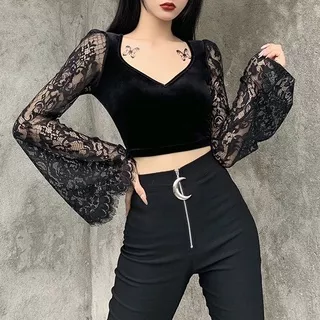 [Goth] Sexy Lace Long Sleeve Vneck Velvet  T-shirt Atasan Renda Lengan Panjang C805 (S/M/L)