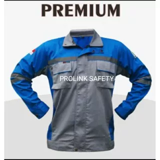 BAJU SERAGAM SAFETY SEMI JAKET FREE LOGO K3 BENDERA KAIN DRILL BIRU ABU