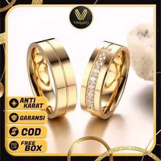 Cincin Couple Titanium Berlian Pria Wanita Warna Emas Perak Perhiasan Fashion Kristal Pernikahan Pasangan Gold Silver Rings JWL081 VNK