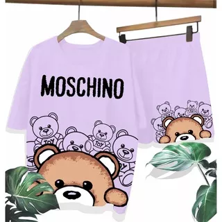 Setelan Wanita Kaos Celana Freesize Tshirt Wanita Dewasa Remaja ABG Satu Set Motif MOSHINO LILAC