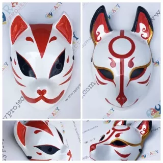 Kitsune Fox Rubah 067 Mask Topeng Kayu Cosplay Anime Jepang Red Merah