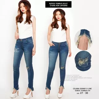 Celana Skinny Jeans Wanita - Celana Skinny V-Line Sobek Tembus VV (Ada Lapisan)