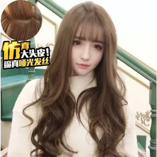 Wig Rambut Sintesis Wanita Panjang Bergelombang Poni Natural Long Curly Hair