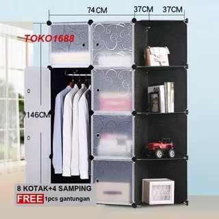 Lemari baju portable lemari pakaian lemari plastik rak susun serbaguna 8 kotak+4 samping