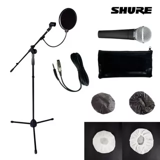 Microphone Kabel Shure SM58 + Stand Mic + Pop Filter + Mikrofon Cover 4 PCS