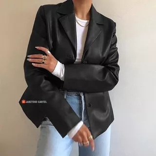 JNK x CALMIA - Kameja Blazer Oversize Women Girls Wanita Casual Bahan Kulit Sintetis Viena Grade A Premium Original Faux Synthetic Leather Jacket Fashion Coats Atasan Outer Jas Blezer Semi Formal Kemeja Korea OOTD Big Size Besar Lengan Panjang Kancing ORI