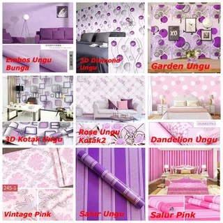 WALLPAPER Dinding Wallsticker ukuran 45 cm x 10 M Motif Tema Salur Garis Pink Ungu 3D Kotak Polkadot