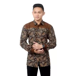 Kemeja Batik Nayshi Batik HRB026 Baju Batik Pria Lengan Panjang Sogan Mata Canting Bunga Bakung Hits