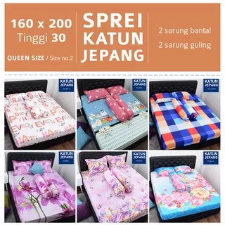 SPREI KATUN JEPANG 160x200 TINGGI 30CM 2 SARUNG BANTAL 2 SARUNG GULING QUEEN SIZE NO 2 READY STOCK