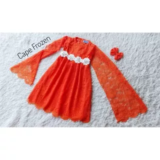 DRESS ANAK MODEL CAPE FROZEN BAHAN BROKAT DILAPISI FURING ORANGE