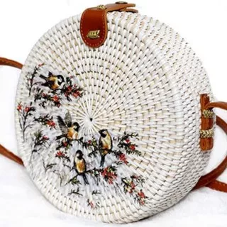 TAS ROTAN DECO MOTIF BURUNG KECIL HITAM DIAMETER 15 CM DAN 20 CM