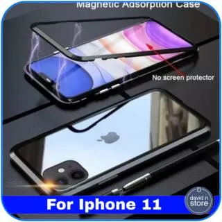 Casing Apple IPhone 11 6.1 Hard Case Premium Magnet Alluminum Bumper Tempered Glass Cover Anti Karat
