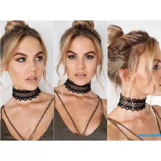 ??ay-Lolita Gothic Black Flower Lace Striking Singular Choker Necklace Beads Chain Pendant Rose