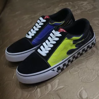 SEPATU VANS OLD SKOOL MOTIF API BIRU KUNING SNEAKERS CASUAL IMPORT PREMIUM WAFFLE DT IFC ICC