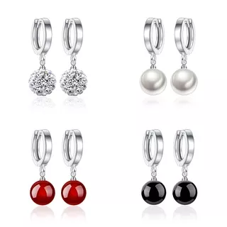 925 Sterling Perak Perempuan Anting-Anting Hitam dan Merah Batu Akik Putri Bola Anting-Anting Fashion Ornamen