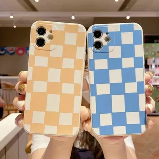 ST| Casing Hp iPhone 11 12 Pro X Xr Xs Max 6 6s 7 8 Plus SE 2020 Soft Couple Yellow Blue Checkerboard Grid Case