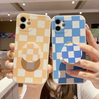 ST| Case Hp iPhone 11 12 Pro X Xr Xs Max 6 6s 7 8 Plus SE 2020 Soft Couple Yellow Blue Checkerboard Grid Popsocket Casing