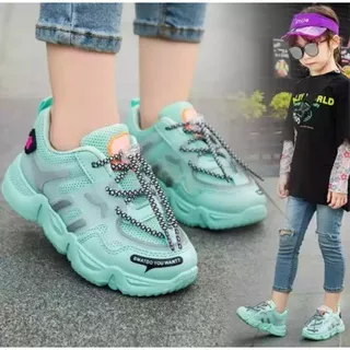 sepatu Sneaker anak perempuan sepatu sneakers olahraga anak cewek Tali model Baru real pict ukuran 26-35