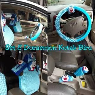 Set car sarung cover headrest bantal sandaran kepala jok leher kursi mobil Doraemon Biru muda 8 in 1