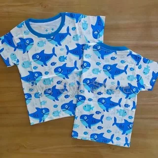 Baju Kaos Atasan Anak Laki Laki Cowok Hewan Animal Ikan Hiu Baby Shark Putih Biru Fullprint