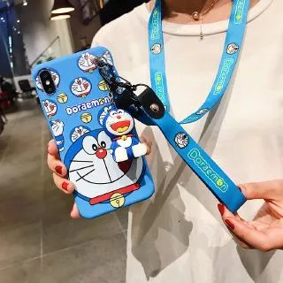 Casing Redmi Note 9 8 8A 7 7A 6 6A 5 5A 4 4A 4X K20 Pro Xiaomi MI 9T A3 Cartoon Cute Blue Doraemon TPU Soft Case Cover+Doraemon Stand+2 Lanyard